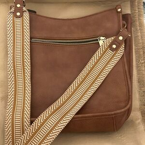 Vegan Leather Brown/Tan Crossbody Bag with Patterned Strap